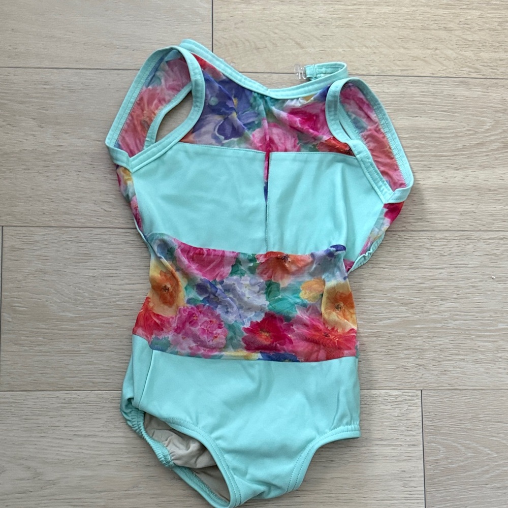 Details Dancewear Floral Mesh and Turquoise leotard girls size L